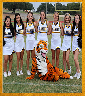 Cheerleaders lined up behind tiger mascot